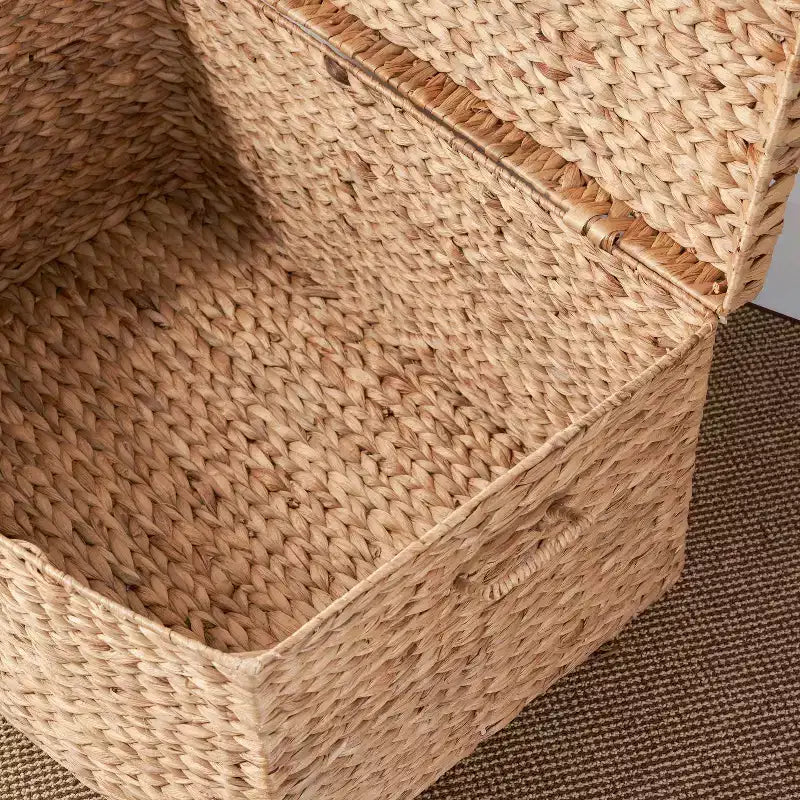 Baúl rectangular de jacinto de agua de 26"x19"x14" en color marrón natural: arcón de almacenaje, estructura de hierro