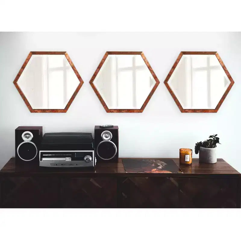 Espejo de pared con marco de madera color cobre: Forma octogonal moderna, no requiere montaje, para colgar en la pared