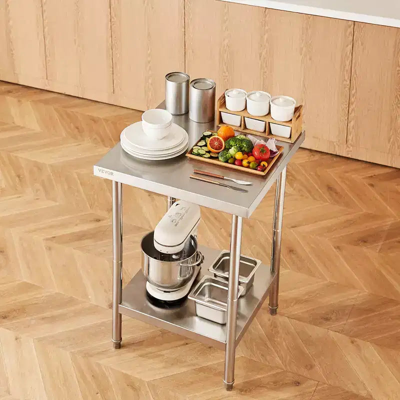 Mesa de preparación de acero inoxidable, 24 x 24 x 34 pulgadas, capacidad de carga de 700 libras, mesa de trabajo de metal de alta resistencia con 3 niveles de altura ajustables