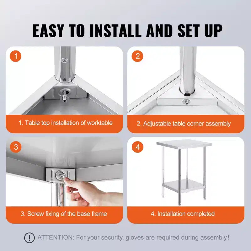 Mesa de preparación de acero inoxidable, 24 x 24 x 34 pulgadas, capacidad de carga de 700 libras, mesa de trabajo de metal de alta resistencia con 3 niveles de altura ajustables
