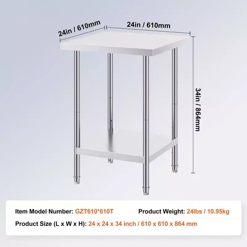 Mesa de preparación de acero inoxidable, 24 x 24 x 34 pulgadas, capacidad de carga de 700 libras, mesa de trabajo de metal de alta resistencia con 3 niveles de altura ajustables