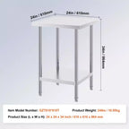 Mesa de preparación de acero inoxidable, 24 x 24 x 34 pulgadas, capacidad de carga de 700 libras, mesa de trabajo de metal de alta resistencia con 3 niveles de altura ajustables