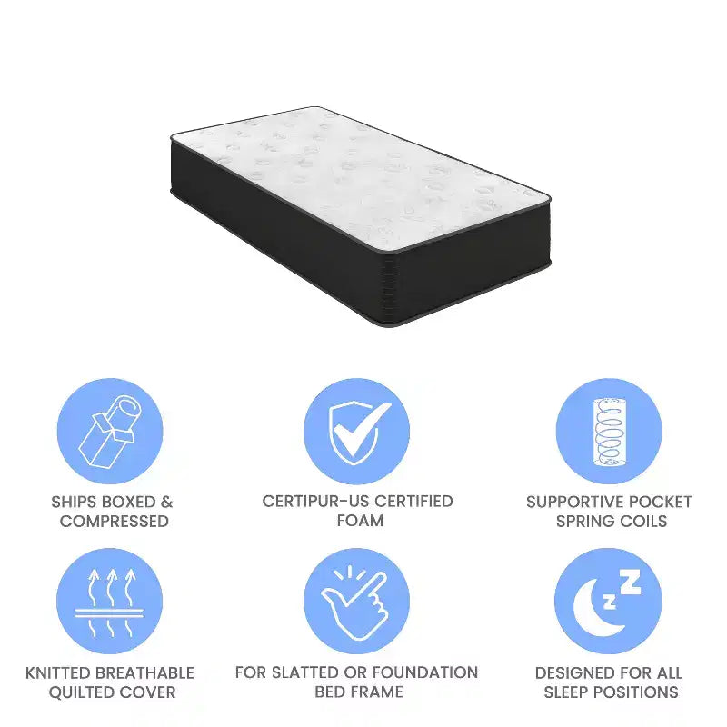 Colchón Híbrido de 12 Pulgadas, Espuma de Alta Densidad Refrescante y Colchón de Muelles Ensacados en Caja, Espuma CertiPur-US, Blanco/Negro