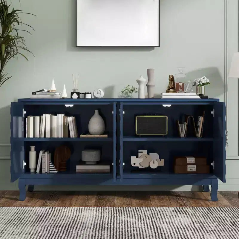 Aparador bufé de 59 pulgadas, mueble de almacenamiento de madera con estante ajustable, mueble de barra de café de cuatro puertas, mueble consola para sala de estar o pasillo