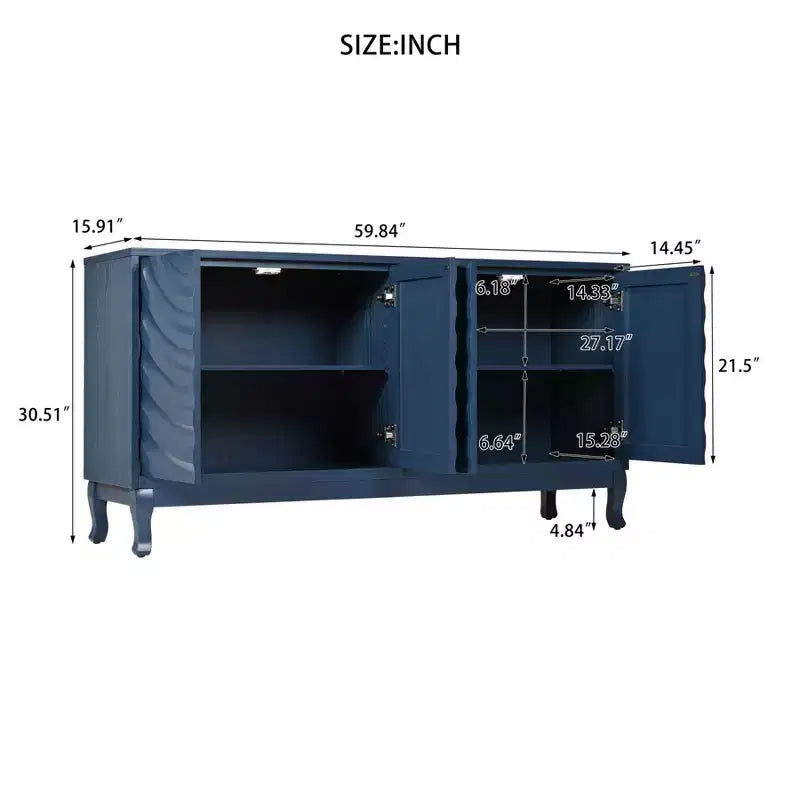 Aparador bufé de 59 pulgadas, mueble de almacenamiento de madera con estante ajustable, mueble de barra de café de cuatro puertas, mueble consola para sala de estar o pasillo