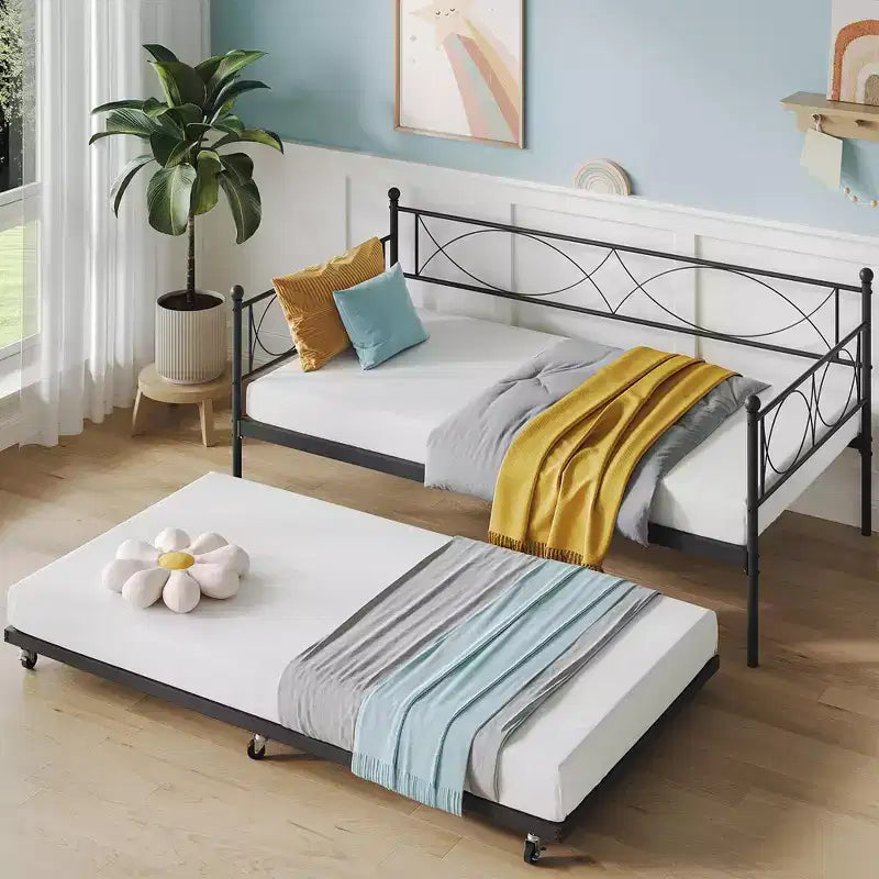Twin daybed with Trundle, Metal Twin Daybed and Trundle Set, Day Bed Sofa Bed Frame with Steel Slat Support, Multifunctional Daybed Frame for Bedroom