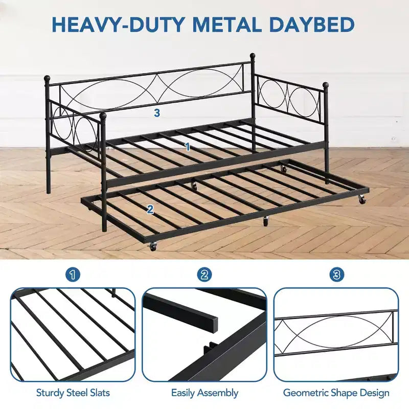 Cama nido doble con cama extraíble, Cama nido doble de metal y conjunto de cama extraíble, Estructura de sofá cama con soporte de listones de acero, Estructura de cama nido multifuncional para dormitorio