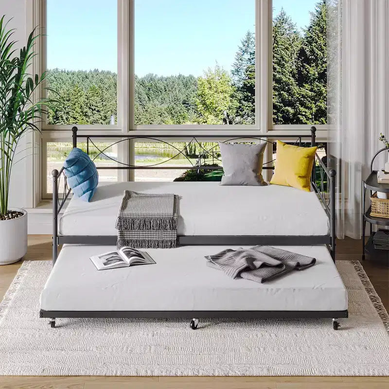 Cama nido doble con cama extraíble, Cama nido doble de metal y conjunto de cama extraíble, Estructura de sofá cama con soporte de listones de acero, Estructura de cama nido multifuncional para dormitorio