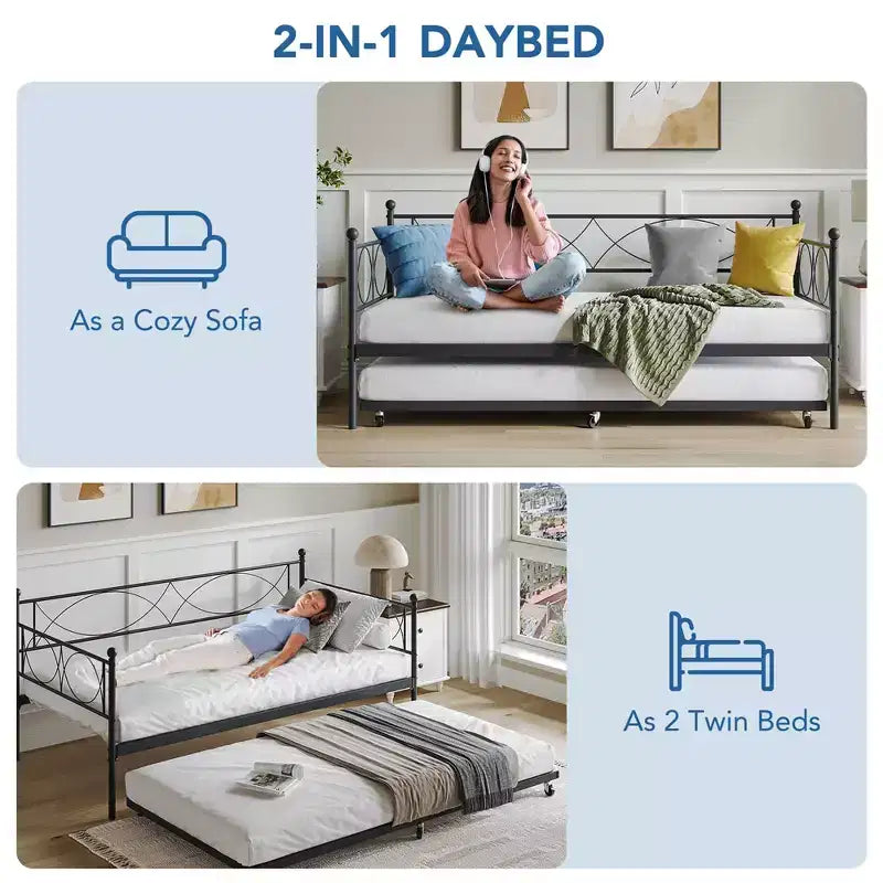 Cama nido doble con cama extraíble, Cama nido doble de metal y conjunto de cama extraíble, Estructura de sofá cama con soporte de listones de acero, Estructura de cama nido multifuncional para dormitorio