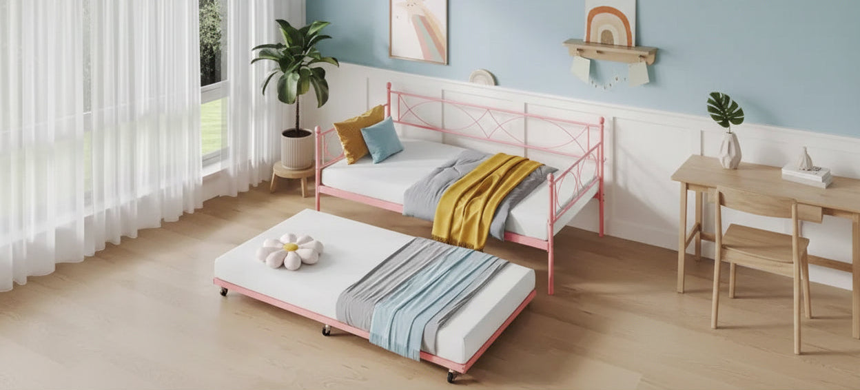 Cama nido doble con cama extraíble, Cama nido doble de metal y conjunto de cama extraíble, Estructura de sofá cama con soporte de listones de acero, Estructura de cama nido multifuncional para dormitorio