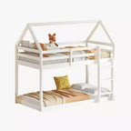 Litera doble de madera de caucho con escalera, barandillas y forma de casa, gris