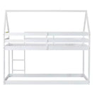 Litera doble de madera de caucho con escalera, barandillas y forma de casa, gris
