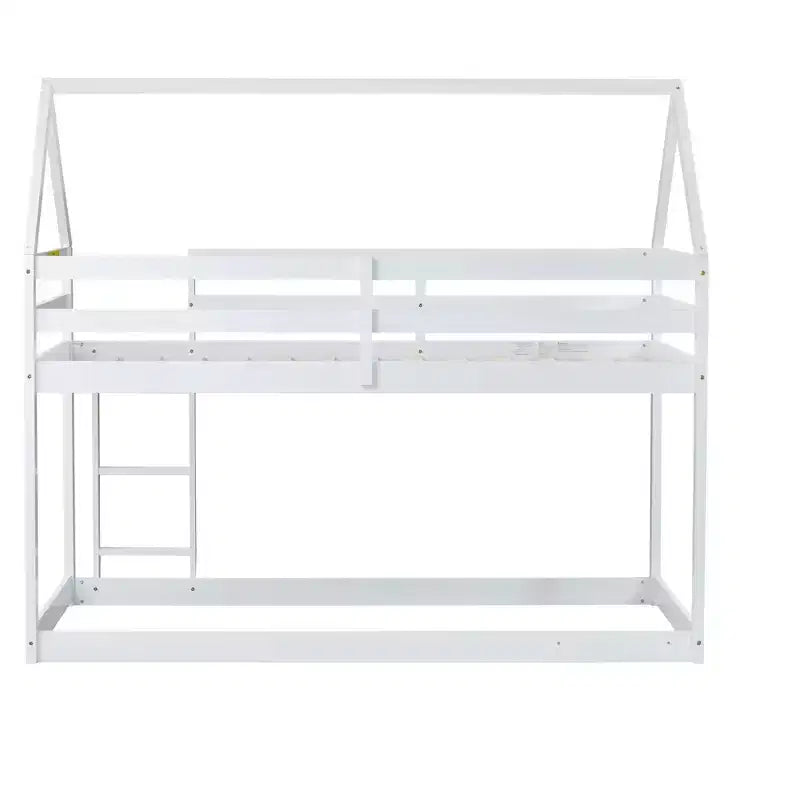 Litera doble de madera de caucho con escalera, barandillas y forma de casa, gris