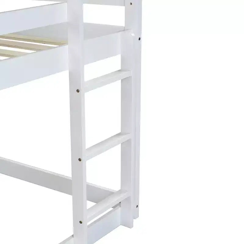 Litera doble de madera de caucho con escalera, barandillas y forma de casa, gris