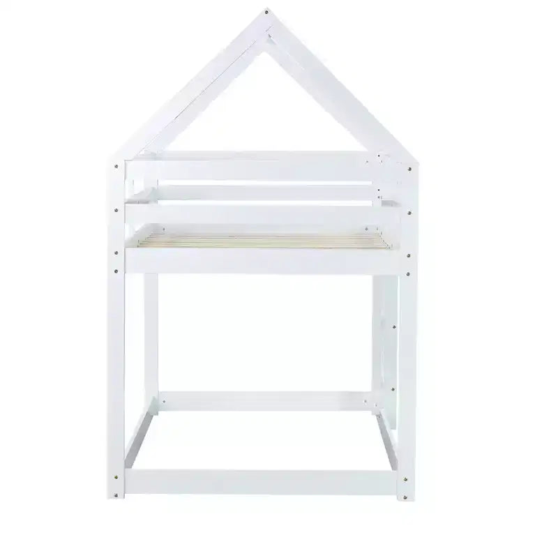 Litera doble de madera de caucho con escalera, barandillas y forma de casa, gris
