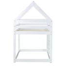 Litera doble de madera de caucho con escalera, barandillas y forma de casa, gris