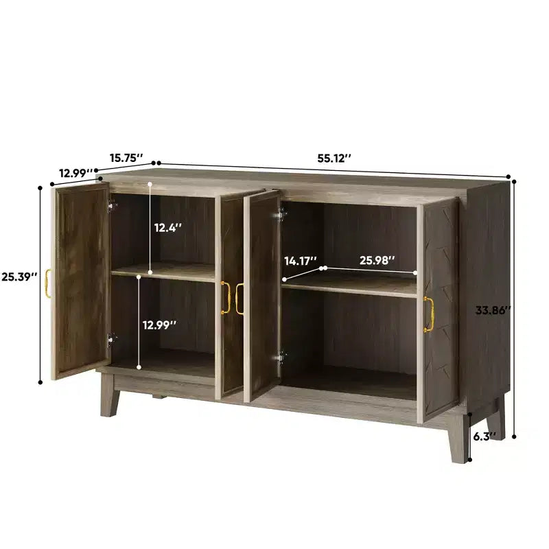 Mueble de Almacenamiento Vintage de 55.12''W con 4 Puertas y Estantes Ajustables