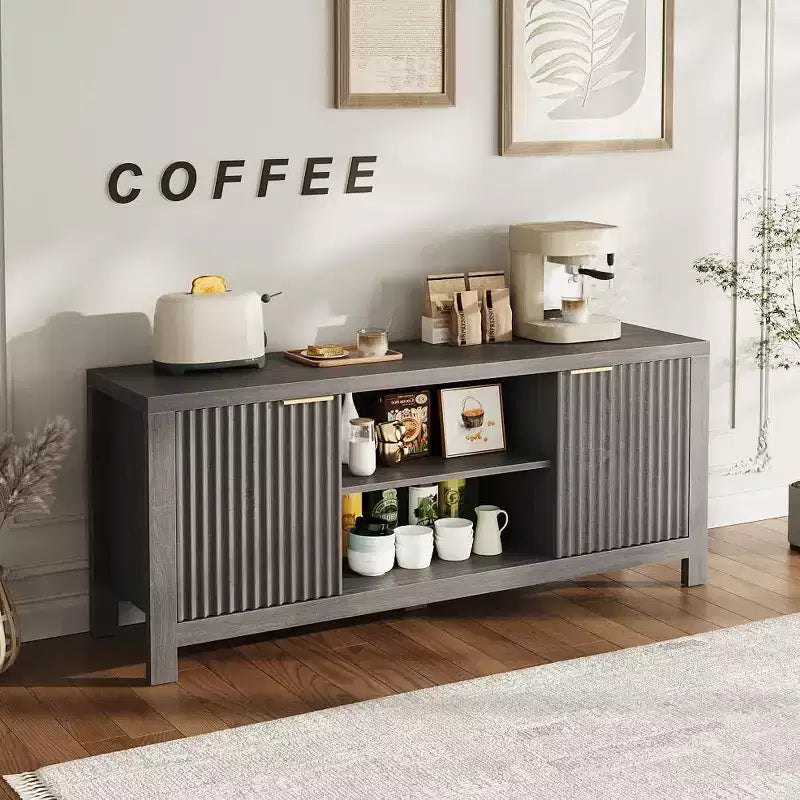 Mueble para TV de 59 pulgadas para televisores de hasta 65 pulgadas, centro de entretenimiento para TV moderno de mediados de siglo con gabinetes de almacenamiento y estantes abiertos, gabinete de TV de madera para el hogar
