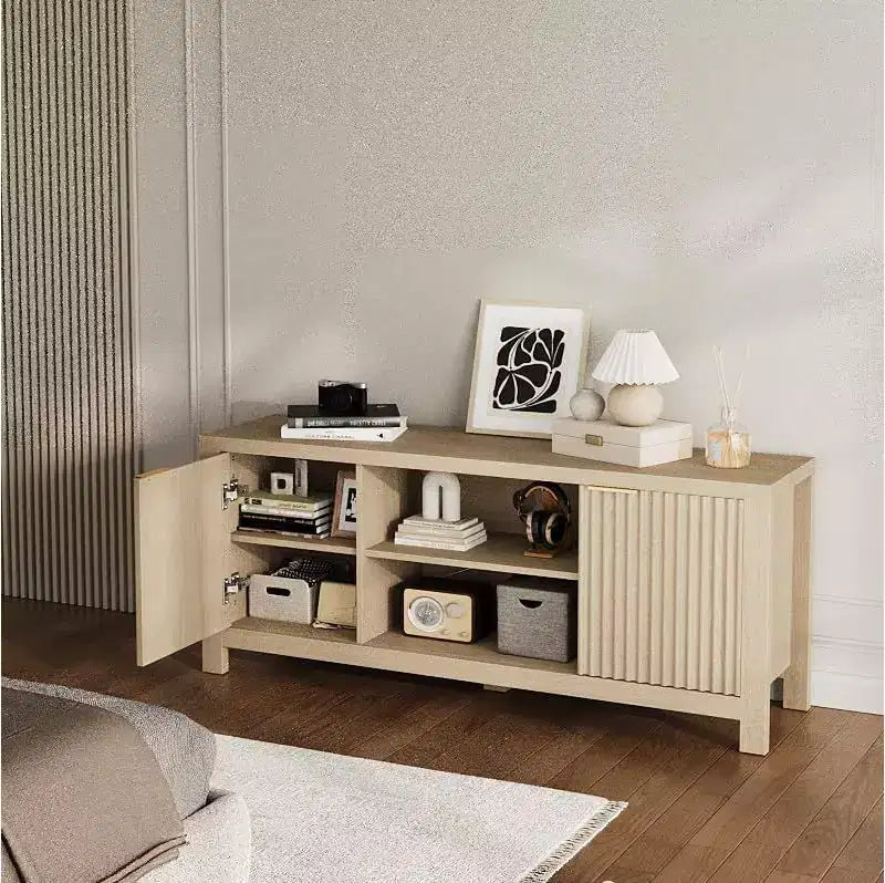 Mueble para TV de 59 pulgadas para televisores de hasta 65 pulgadas, centro de entretenimiento para TV moderno de mediados de siglo con gabinetes de almacenamiento y estantes abiertos, gabinete de TV de madera para el hogar