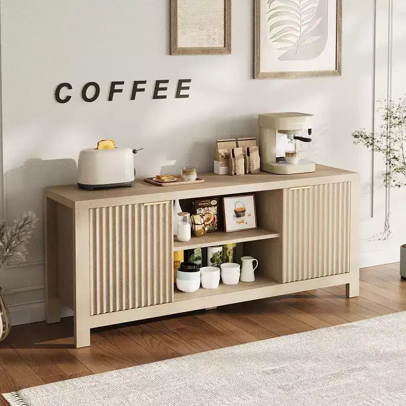 Mueble para TV de 59 pulgadas para televisores de hasta 65 pulgadas, centro de entretenimiento para TV moderno de mediados de siglo con gabinetes de almacenamiento y estantes abiertos, gabinete de TV de madera para el hogar