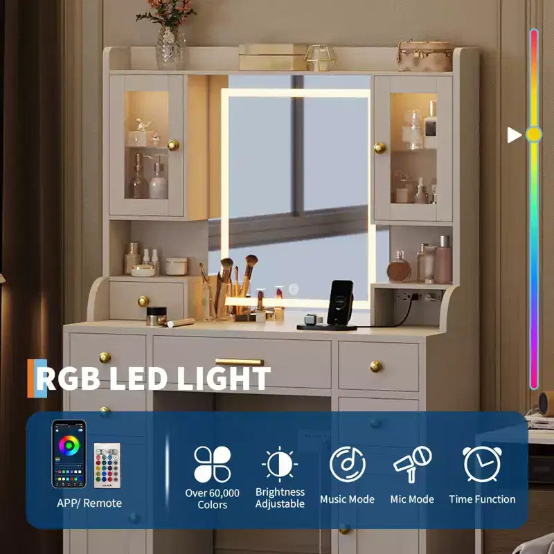 Tocador de maquillaje con espejo y luces, 3 modos de iluminación, tocador grande con estación de carga, blanco