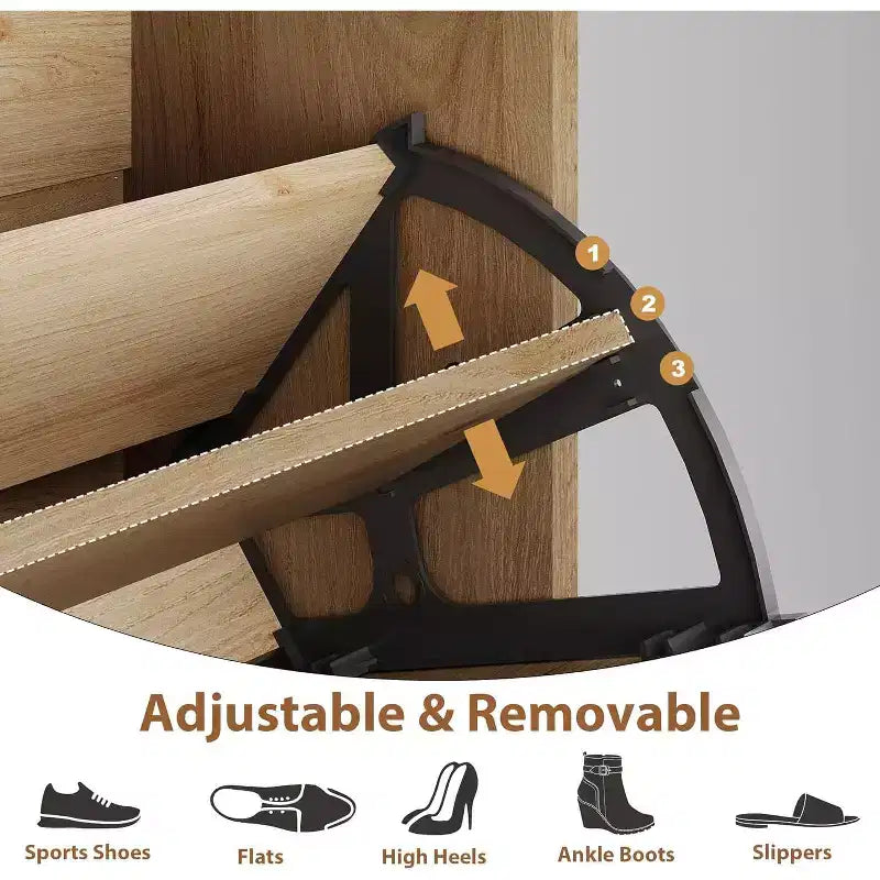 Zapatero de Roble y Ratán, Almacenamiento de Zapatos de 3 Niveles con 2 Cajones Abatibles y 1 Cajón Extraíble, Estante Ajustable, Organizador Estrecho para la Entrada