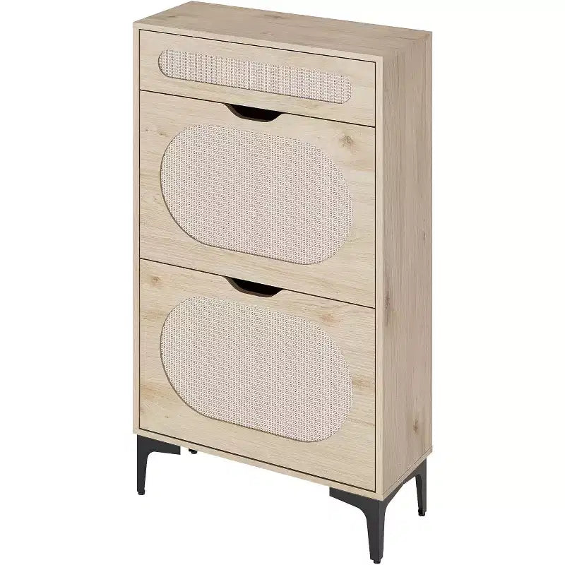 Zapatero de Roble y Ratán, Almacenamiento de Zapatos de 3 Niveles con 2 Cajones Abatibles y 1 Cajón Extraíble, Estante Ajustable, Organizador Estrecho para la Entrada