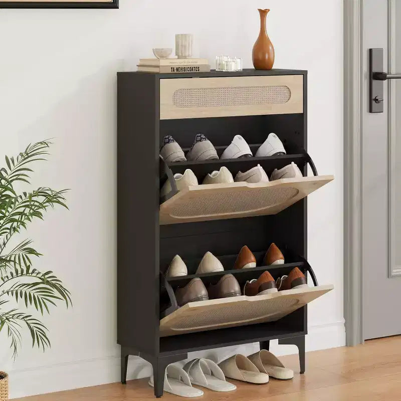 Zapatero de Roble y Ratán, Almacenamiento de Zapatos de 3 Niveles con 2 Cajones Abatibles y 1 Cajón Extraíble, Estante Ajustable, Organizador Estrecho para la Entrada