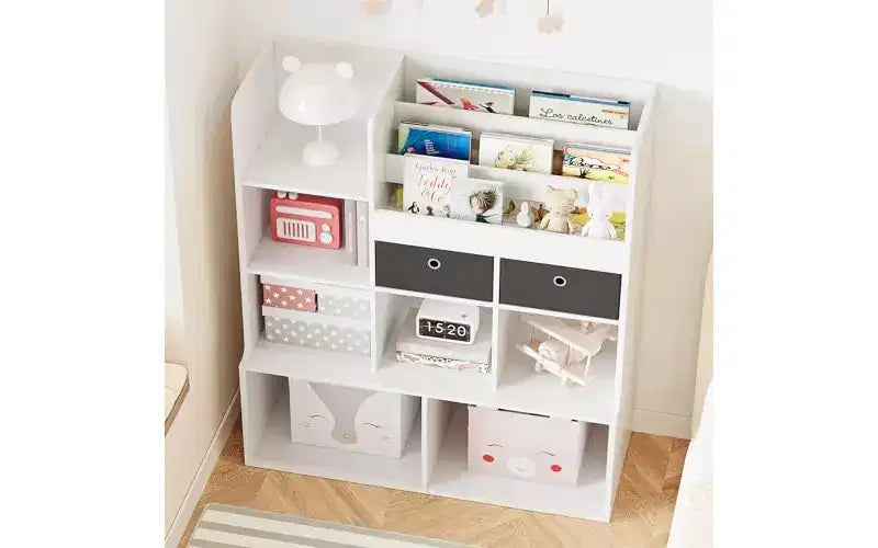 Estantería para niños de 4 niveles, organizador de almacenamiento de juguetes de madera, estantería para niños con 10 cubículos y 2 cajones, estantería para niños, armario de almacenamiento para niños