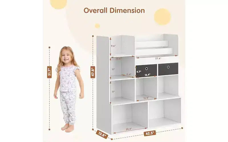 Estantería para niños de 4 niveles, organizador de almacenamiento de juguetes de madera, estantería para niños con 10 cubículos y 2 cajones, estantería para niños, armario de almacenamiento para niños
