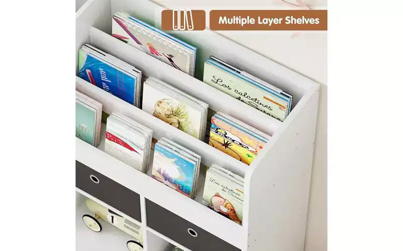 Estantería para niños de 4 niveles, organizador de almacenamiento de juguetes de madera, estantería para niños con 10 cubículos y 2 cajones, estantería para niños, armario de almacenamiento para niños