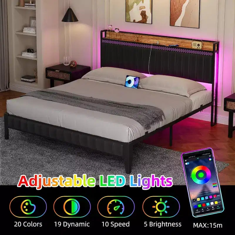 Cama LED Moderna - Cabecero de PU con Estación de Carga, Luces RGB y Almacenamiento, Marco Metálico sin Necesidad de Somier