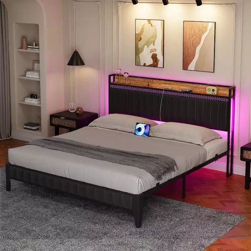 Cama LED Moderna - Cabecero de PU con Estación de Carga, Luces RGB y Almacenamiento, Marco Metálico sin Necesidad de Somier