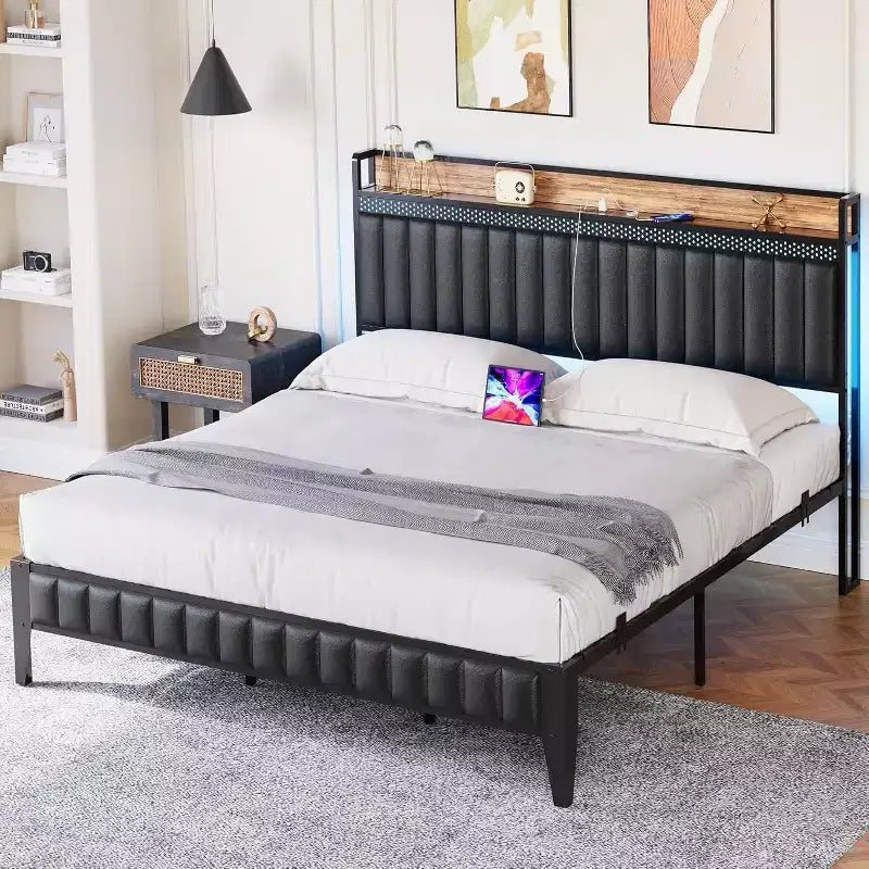 Cama LED Moderna - Cabecero de PU con Estación de Carga, Luces RGB y Almacenamiento, Marco Metálico sin Necesidad de Somier