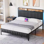 Cama LED Moderna - Cabecero de PU con Estación de Carga, Luces RGB y Almacenamiento, Marco Metálico sin Necesidad de Somier