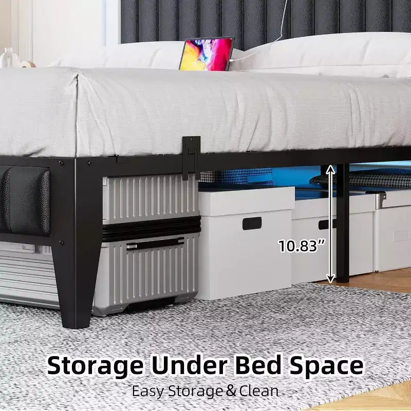Cama LED Moderna - Cabecero de PU con Estación de Carga, Luces RGB y Almacenamiento, Marco Metálico sin Necesidad de Somier
