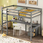 Cama alta doble de madera con cama inferior, escritorio integrado, armario de almacenaje de 2 cajones, barandillas, gris