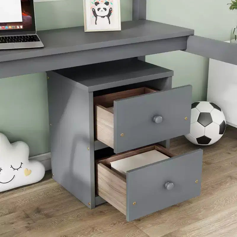Cama alta doble de madera con cama inferior, escritorio integrado, armario de almacenaje de 2 cajones, barandillas, gris