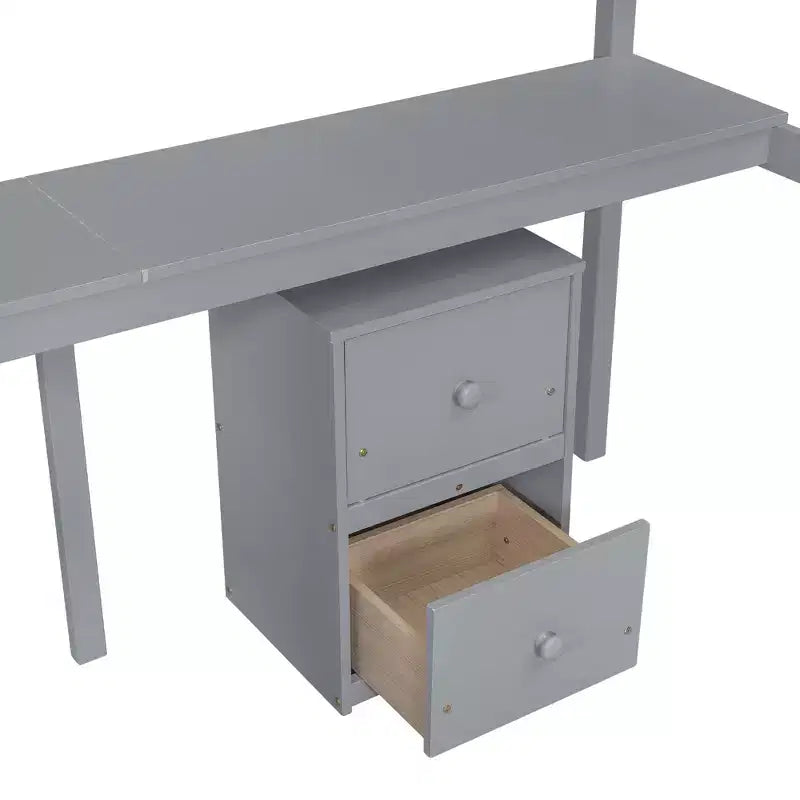 Cama alta doble de madera con cama inferior, escritorio integrado, armario de almacenaje de 2 cajones, barandillas, gris