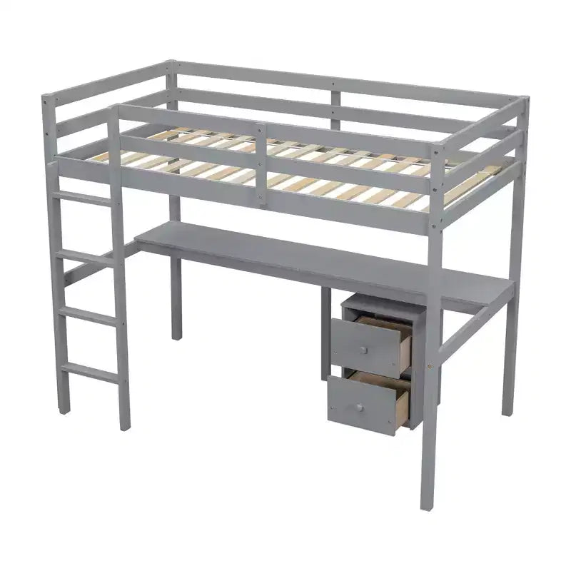Cama alta doble de madera con cama inferior, escritorio integrado, armario de almacenaje de 2 cajones, barandillas, gris