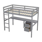 Cama alta doble de madera con cama inferior, escritorio integrado, armario de almacenaje de 2 cajones, barandillas, gris
