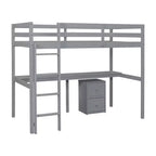 Cama alta doble de madera con cama inferior, escritorio integrado, armario de almacenaje de 2 cajones, barandillas, gris