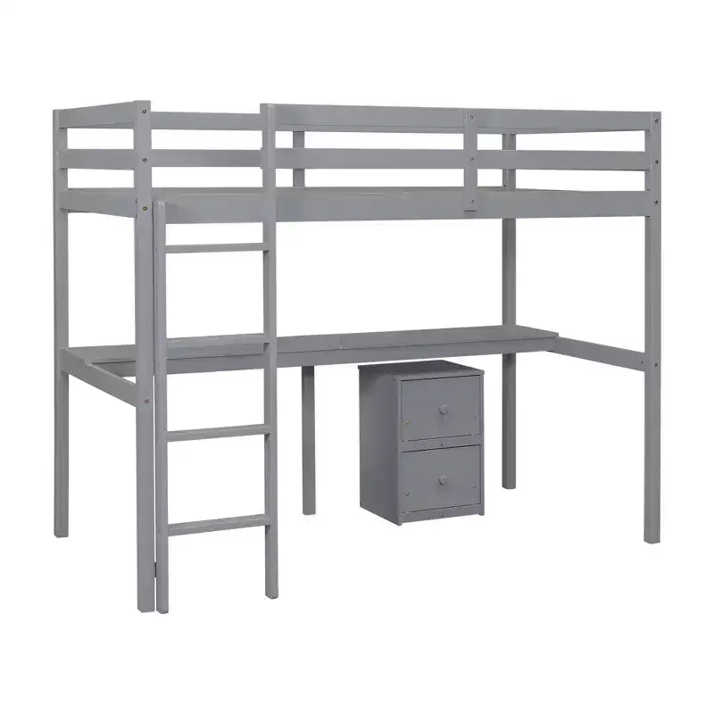 Cama alta doble de madera con cama inferior, escritorio integrado, armario de almacenaje de 2 cajones, barandillas, gris