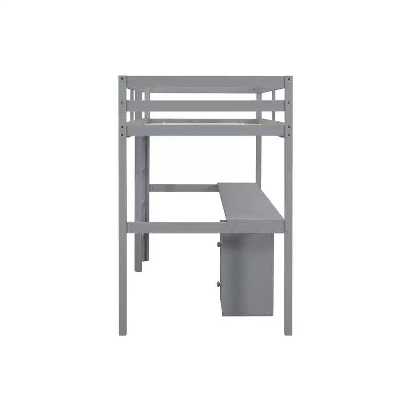Cama alta doble de madera con cama inferior, escritorio integrado, armario de almacenaje de 2 cajones, barandillas, gris
