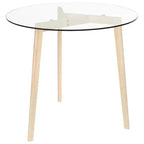 Elegante mesa de comedor redonda con tablero de cristal templado y patas de madera maciza de roble para cocina o comedor, marrón transparente, 80 cm de diámetro