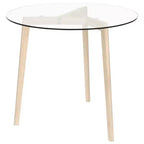 Elegante mesa de comedor redonda con tablero de cristal templado y patas de madera maciza de roble para cocina o comedor, marrón transparente, 80 cm de diámetro