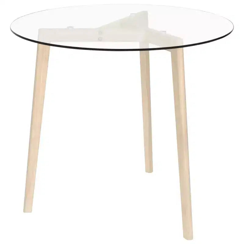 Elegante mesa de comedor redonda con tablero de cristal templado y patas de madera maciza de roble para cocina o comedor, marrón transparente, 80 cm de diámetro