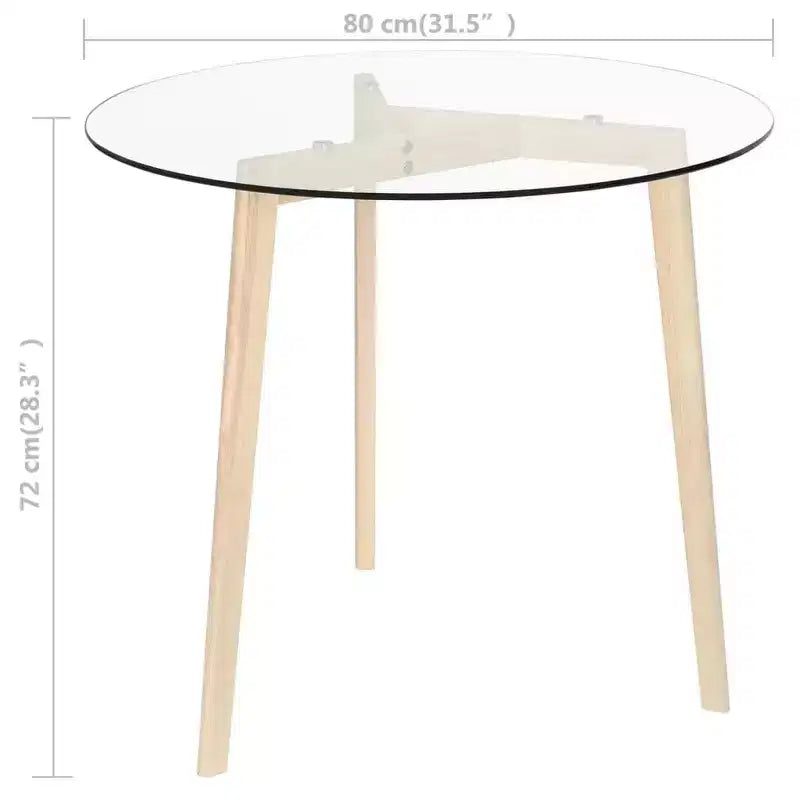 Elegante mesa de comedor redonda con tablero de cristal templado y patas de madera maciza de roble para cocina o comedor, marrón transparente, 80 cm de diámetro