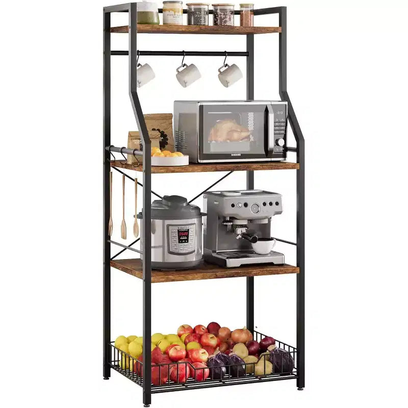 Estante de cocina para panadero, soporte para horno microondas con cesta de alambre grande, estación de barra de café industrial, estantería de almacenamiento de cocina de 4 niveles