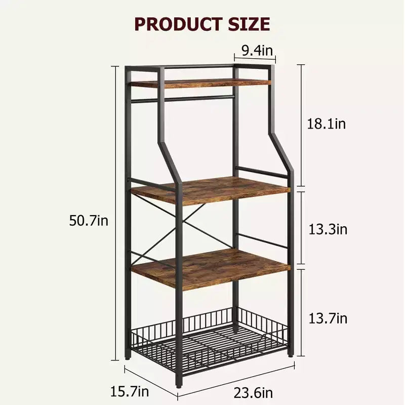 Estante de cocina para panadero, soporte para horno microondas con cesta de alambre grande, estación de barra de café industrial, estantería de almacenamiento de cocina de 4 niveles